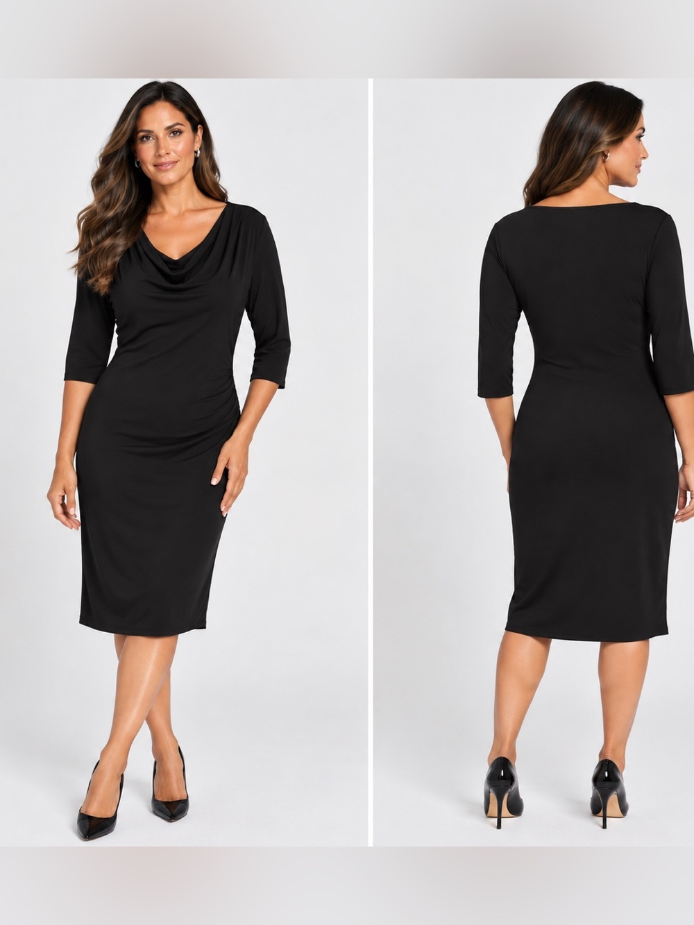 Ronni Nicole Women’s Size 14 Black Cowl Neck Ruched Midi Dress 3/4 Sleeve
